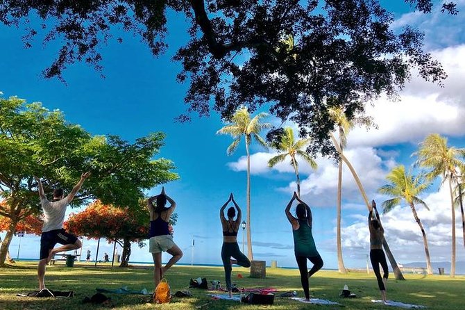 Beach Yoga on Waikiki with Diamondhead Backdrop - Instructors you might practice with: Jennifer and Olivia