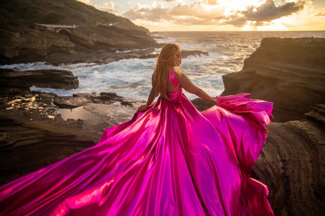 Flying Dress Photoshoot on Oahu - Optional haku leis and flower crowns: when extra color helps